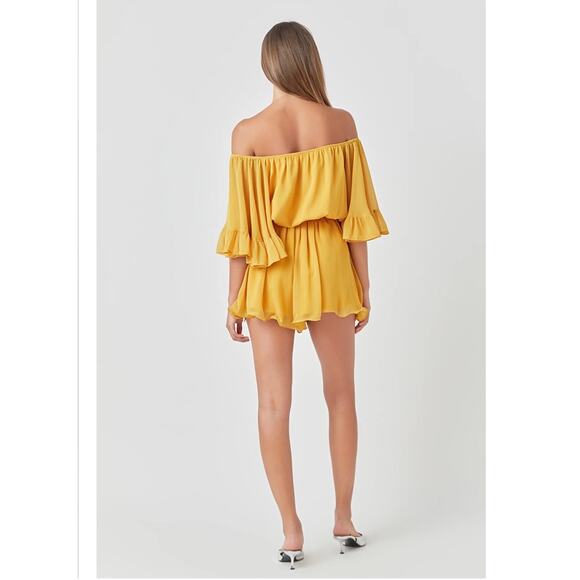 Vici Endless Rose Yellow Ruffled Sleeve Romper Medium Off Shoulder Chiffon - Picture 13 of 13